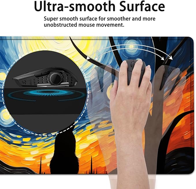 Large Mouse Pad, 31.5 x 11.8in Extended Gaming Mouse Pad with Stitched Edges, XXL Mousepad Protector Non Slip Rubber Base for Office and Home Writing Mat, Funy Starry Night Black Cat Pattern Desk Mat