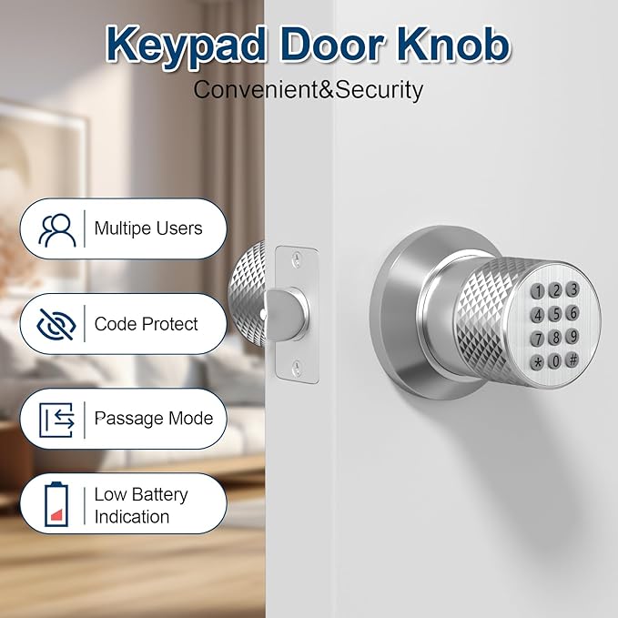 FITNATE Keypad Door Knob, Keyless Smart Lock with Back-Lit Keypad, Electronic Door Lock with Spare Keys, Easy to Install, for Home, Bedroom, Hotel and Office, Silver