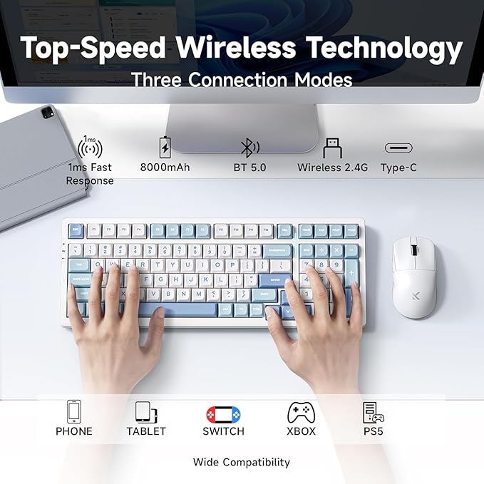 MCHOSE G98 PRO Wireless Gaming Keyboard, Tri-Mode Connection Mechanical Keyboard, Hot Swappable Custom Gasket Structure, Pre-lubed Linear Switches, Double Shot PBT Keycaps, RGB LED Backlit, Blue&White