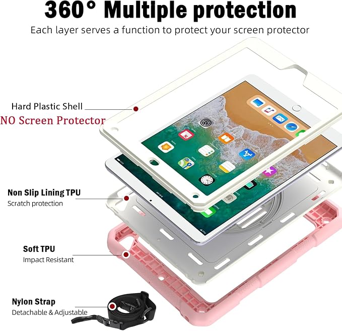 BMOUO Case for iPad 6th/5th Generation Case (9.7 inch, 2018/2017), 360°Rotating Stand, Hand/Shoulder Strap Shockproof iPad 9.7” Case for iPad Air 2, Pink