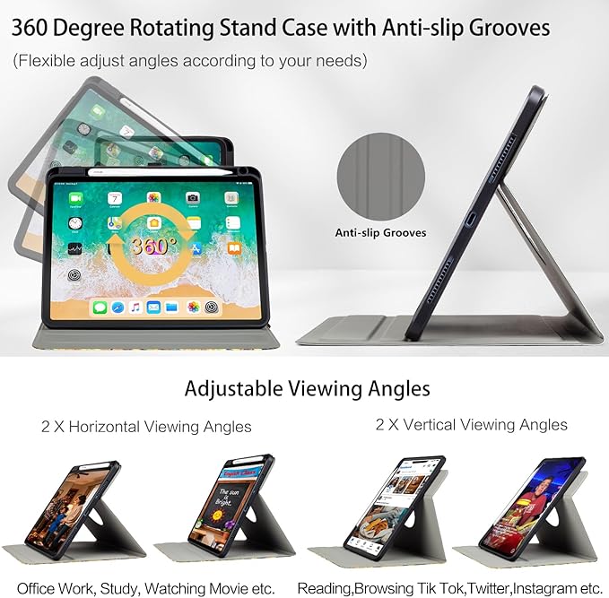 Rotating iPad Air 11-inch Case M4/M3/M2, Case for iPad Air 5th/4th Generation 10.9 Inch,360 Swivel Multi-Angle Adjustable Stand with Pencil Holder for iPad Pro 11-inch case Starry Night Sunflowers