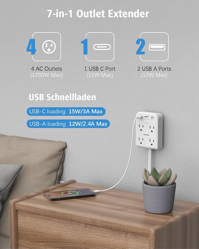 Surge Protector Power Strip, Outlet Extender Stick with USB C Ports, 4 Outlet 3 USB, Extension Cord Flat Wall Plug 6 FT, Home Office Dorm Room Essentials, White