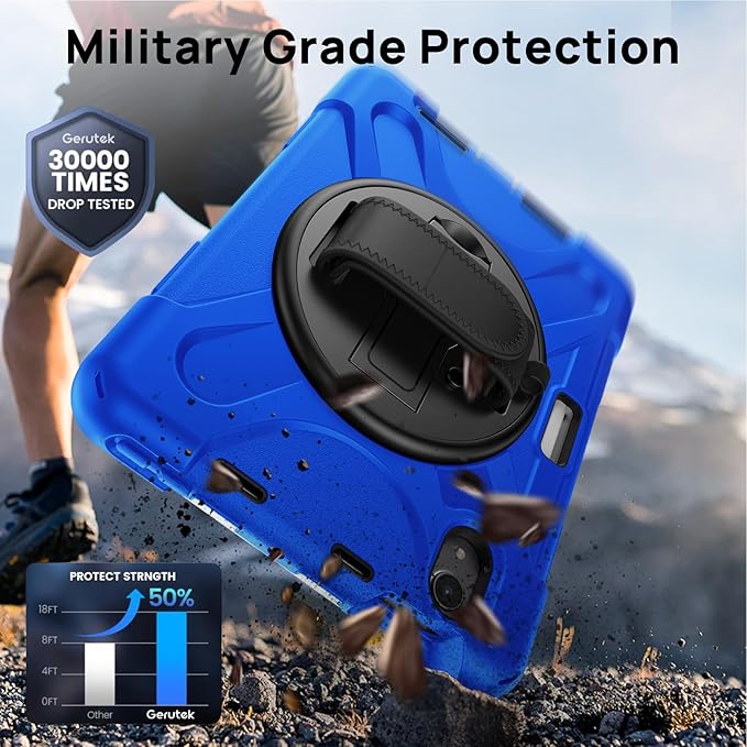 Gerutek Case for iPad mini 7 (A17 Pro) 2024/Mini 6 2021 8.3 inch, Shockproof Cover for iPad mini 7/6th Generation with Screen Protector, 360° Rotating Stand, Hand/Shoulder Strap, Pencil Holder-Blue
