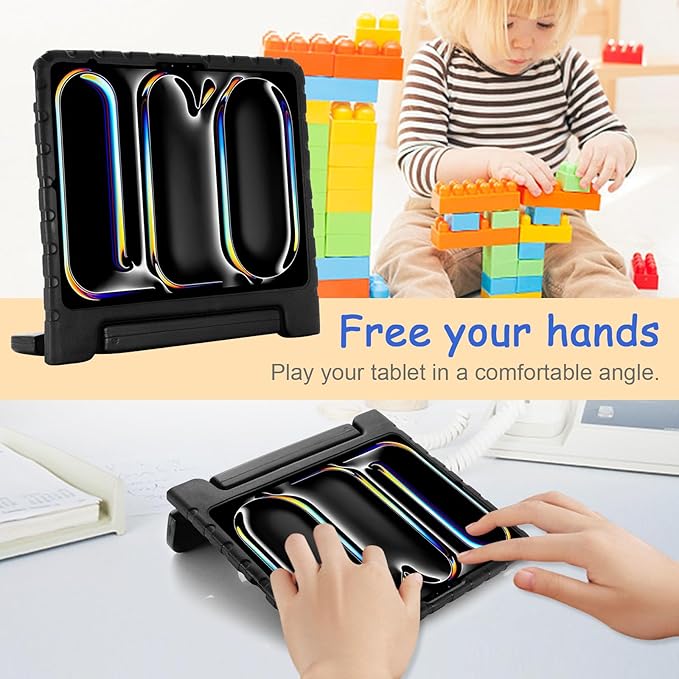 Kids Case for iPad Pro 13" 2025 (M5) 2024 (M4) & iPad Air 13" M4 M3 M2 Shockproof Case with Pencil Holder, Techcircle Handle Stand Light EVA Foam Bumper Protective Rugged Child Proof Cover, Black