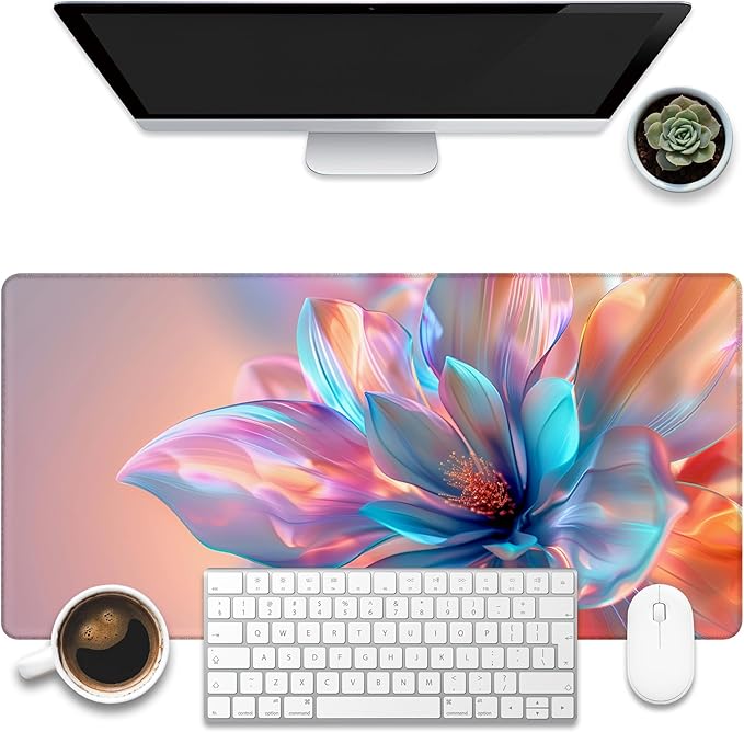 Large Gaming Mouse Pad, Elegant Luxury Colorful Flowers Desk Mat, Holographic Hues Abstract Bloom Desk Pad, 31.5"x15.7" Extended Big Mouse Pad with Non-Slip Base and Stitched Edge