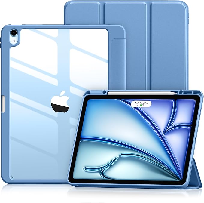 Wenlaty for iPad Air 13 Inch Case M4/M3/M2 (2026/2025/2024) with Pencil Holder, Slim Trifold Stand Protective Cover for iPad Air 13 Case with Clear Transparent Back, Auto Wake/Sleep -Bluemist