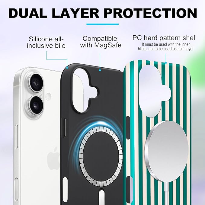 Magnetic for iPhone 17 Case Cute Stripes Phone Case, Shockproof Slim TPU and Hard PC Protective Phone Cover Compatible with MagSafe Designed for Women Girls, Emerald Green