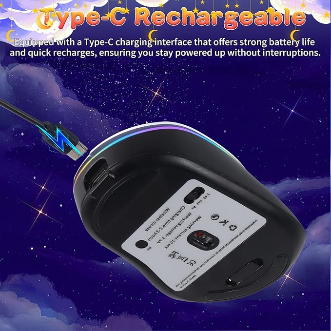 elec Space Bluetooth Wireless Mouse with Starry Sky RGB Backlight& Gradient Breathing Light - Ergonomic Dual Mode Rechargeable Mouse, Type-C Charging - Perfect for Office, Gaming & Travel (White)