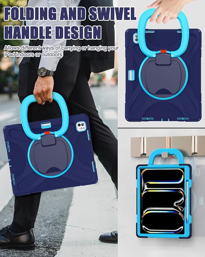 BRAECN Case for iPad Pro 13 Inch (M4/M5) 2024/2025, Protective Rugged Silicone Cover with 360° Rotating Kickstand, Ultra Stable Stand, Pencil Holder, Handle Grip, Adjustable Shoulder Strap, Navy Blue