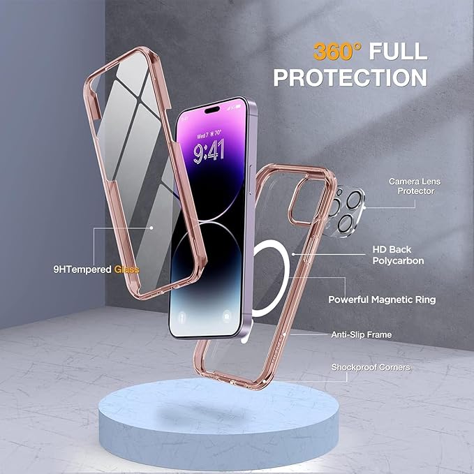 Miracase Magnetic Designed for iPhone 14 Pro Max Case 6.7 inch (Compatible with MagSafe) Upgrade Full-Body Clear Phone Bumper Case with Built-in 9H Tempered Glass Screen Protector, Magnetic Clear Pink