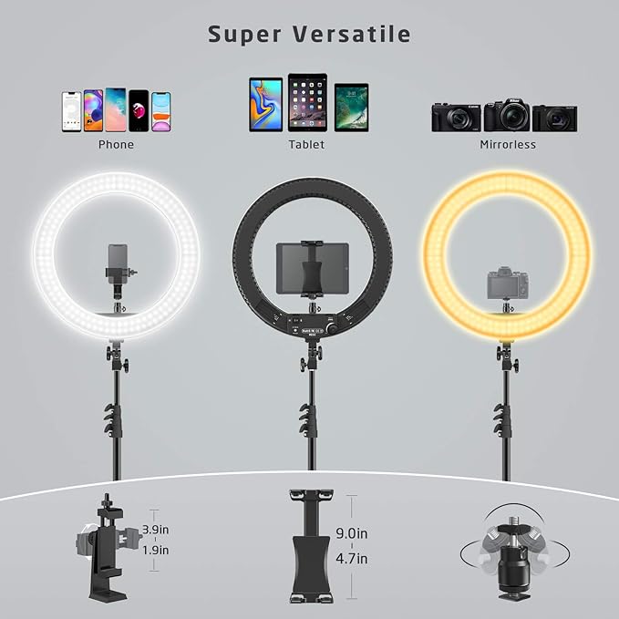 18 inch Ring Light with Stand,60W Bi-Color 3000-5800K Professional Ring Lights with Tripod for Makeup Vlog, Tattoo Large Ring Light for Phone Camera Tablet