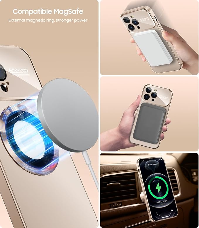 MAKAVO Magnetic for iPhone 12 Pro Max Case, Compatible with MagSafe, Built-in Camera Lens Protector, Logo View, Military Grade Drop Proof Phone Case Cover, Desert Titanium