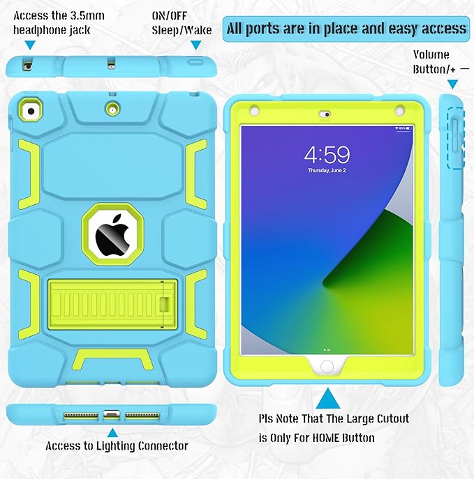 CCMAO for iPad 9th/8th/7th Generation 10.2 Inch Case 2021/2020/2019, with Kickstand, Heavy Duty Shockproof Hybrid Three Layer Protective Cover,Blue+Yellow