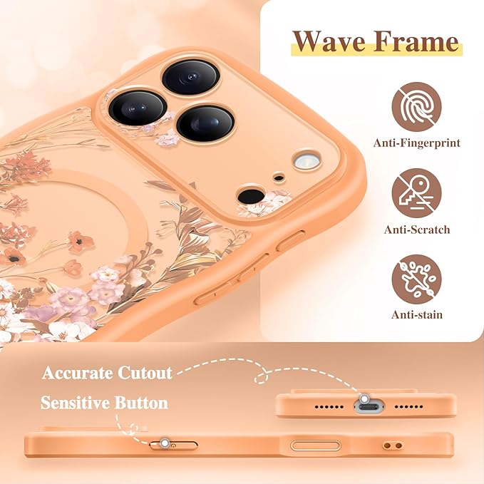 GVIEWIN for iPhone 17 Pro Case Compatible with MagSafe [Curly Wave Edge][Full Camera Protection] Floral Translucent Shockproof Magnetic Women Phone Case for iPhone 17 Pro 6.3'', Campanula/Orange