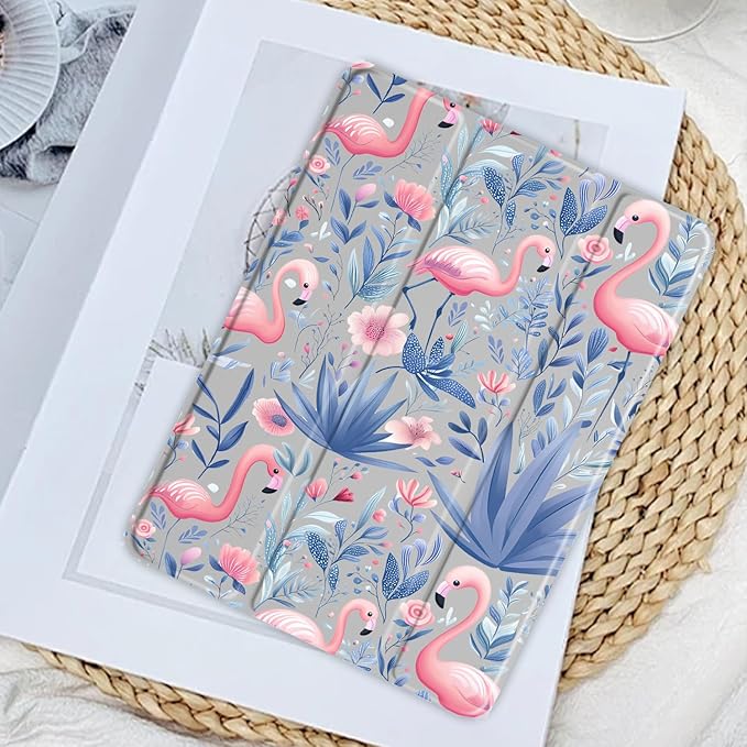 JOYLAND Elegant Flamingo Case for iPad Pro 11" 4th/3rd/2nd/1st Generation (2022/2021/2020/2018), Girly Clear Acrylic Hard Back Grey Case with Pencil Holder Trifold Stand Tablet Cover