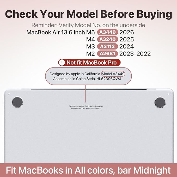 Soonjet Matte Case for MacBook Air 13/13.6-inch (M5/M4/M3/M2, 2022–2026 A3449 A3240 A3113 A2681), Lightweight | Scratch & Fingerprint Resistant | Closes Seamlessly | Ideal for Work, Travel & Study