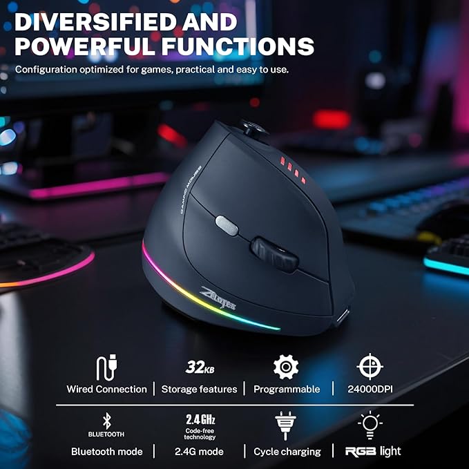 Gaming Mouse with 5 D Rocker, Wireless Vertical Mouse with [24000 DPI] [12 Programmable Buttons], Computer Mouse for Gamer/PC/E-Sports/Laptop (Black)