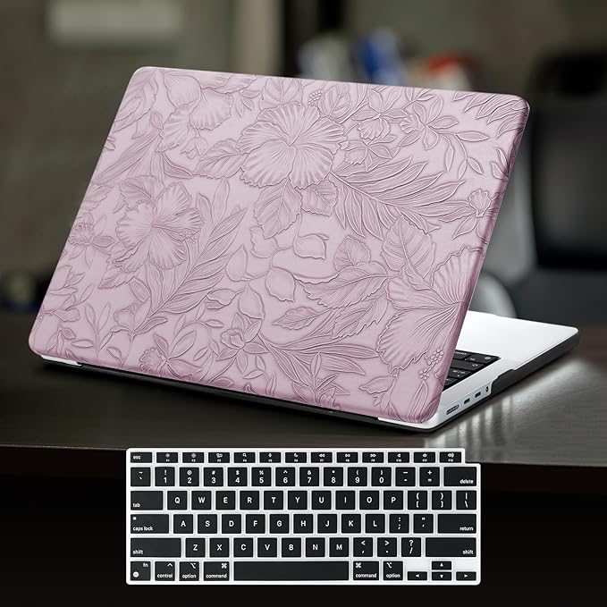 DTangLsm for MacBook Air 15 inch Case 2026 2025 2024 2023 M5 M4 M3 M2 A3448 A3241 A3114 A2941, Elegant Textured Retro Leather Hard Cover for M5 MacBook Air 15 Case+Keyboard Skin, Lilac Embossed Floral