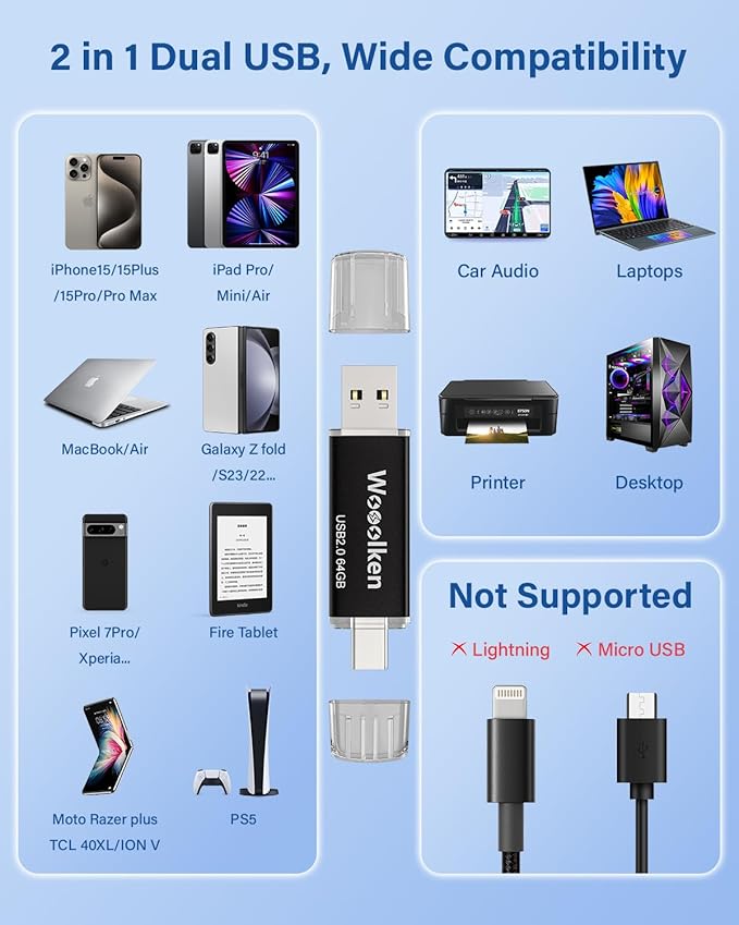 USB C Flash Drive 64GB 10 Pack, Wooolken Type-C Flash Drive + USB 2.0 Thumb Drive OTG Memory Stick Compatible with iPhone 16/15, Android Smartphone/Tablets/Computers