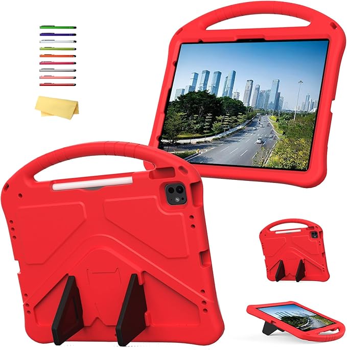 Kids Case for iPad Pro 13 inch M5/M4 (2025/2024) with Kickstand/Pencil Holder/Handle Stand Lightweight Soft EVA Foam Shockproof Heavy Duty Rugged Protection Kids Girls Boys Cover, Red