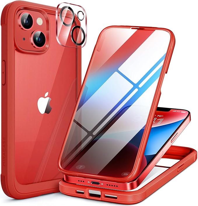 Miracase Glass Series Designed for iPhone 14 Case 6.1 inch, 2023 Upgrade Full-Body Clear Bumper Case with Built-in 9H Tempered Glass Screen Protector and Camera Lens Protector,Red