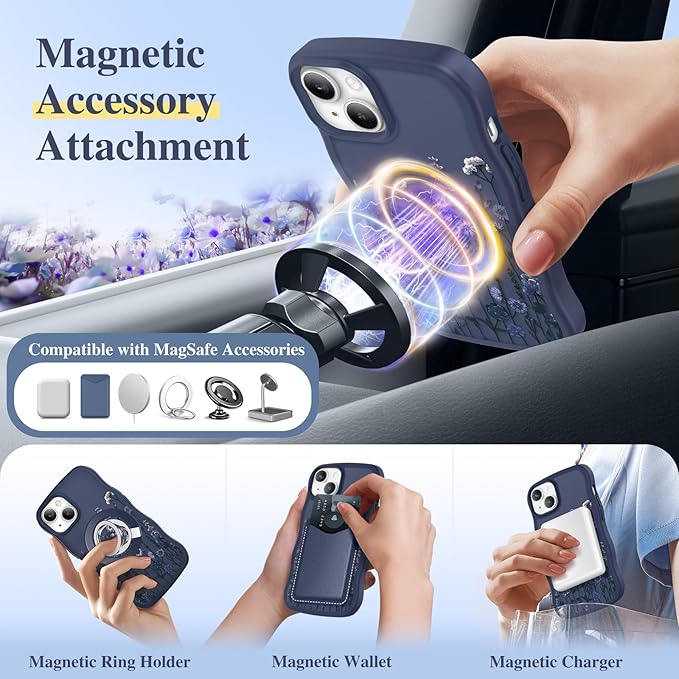 GVIEWIN Cute for iPhone 14 Case & iPhone 13 Case [Compatible with MagSafe] [Curly Wave Edge] Floral Translucent Magnetic Shockproof Protective Phone Cover for iPhone 14/13 6.1'', Floratopia/Blue