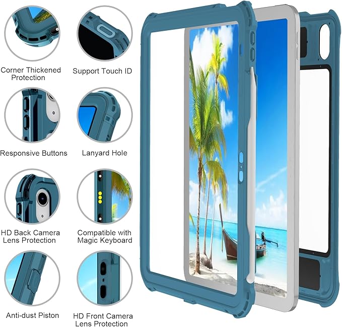 ShellBox Case iPad 10th Gen 10.9 inch Waterproof Case, Full-Body Heavy Duty Shockproof Protective Cover with Kickstand Built-in Screen Protector Pencil Holder Shoulder Strap