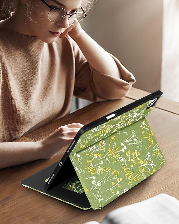Uppuppy for iPad Air 13 Inch Case M3 2025/M2 2024, for iPad Pro 12.9 Case 6th/5th/4th/3rd Gen- Women Girls Cute Embroidered Folio Stand Cover with Pencil Holder & Card Slot Design Girly Kawaii Plants