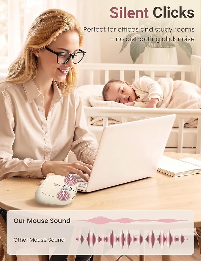 Ergonomic Vertical Wireless Mouse, 57° Natural Handshake for Wrist Pain Relief, Rechargeable 2.4G USB Computer Mouse, Quiet Click, 800/1200/1600 DPI, for Laptop PC Mac, Small/Medium Hands (Beige)