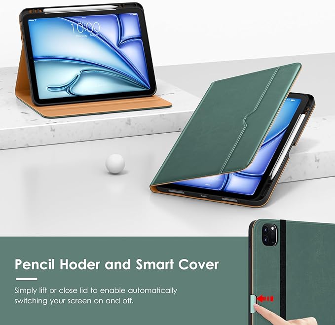 VIKESI Case for iPad Air 13 inch (M4) 2026 / (M3) 2025 / (M2) 2024,Premium Leather Folio,Apple Pencil Holder,Auto Sleep/Wake,Stand Cover - Pine Green