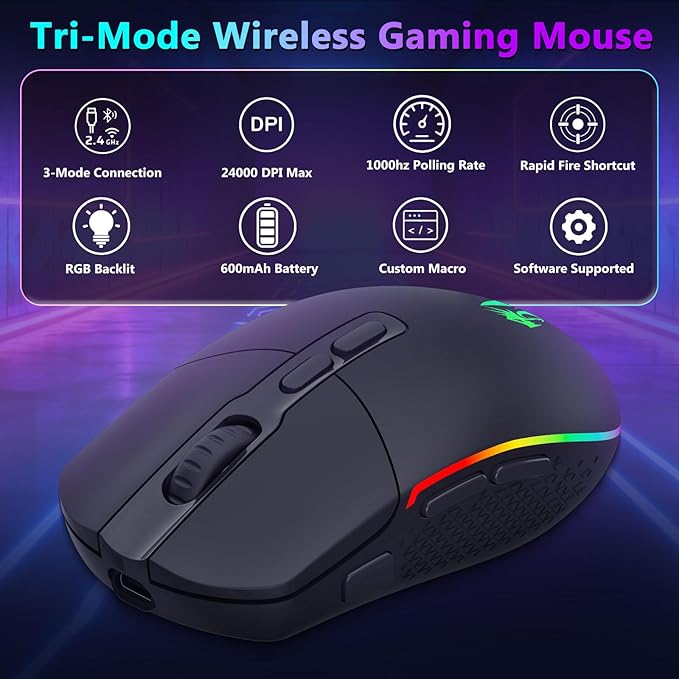 Redragon Wireless Gaming Mouse, Bluetooth/2.4Ghz/USB-C Wired RGB Backlit Gamer Mouse, 24000 DPI, Fully Programmable, Rapid Fire Key, Rechargeable Computer Mouse for Laptop PC Mac, Black