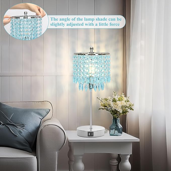 Crystal Table Lamp with Touch Control and Dual USB Ports - 3-Way Dimmable Bedside Light with Teal Lamps Shade for Living Room Bedroom, Elegant Home Decor - LED Bulb Included