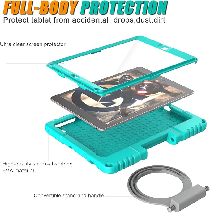 Kids Case for iPad 5th/6th Generation 9.7-inch 2017/2018 Release, Lainergie iPad Air 2 Case with Screen Protector, iPad Pro 9.7 Protective Cover Case Lightweight Shockproof with Handle Stand,Turquoise
