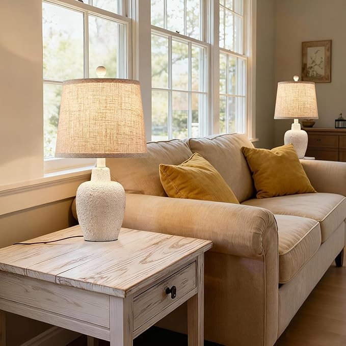Table Lamps for Bedroom Set of 2 Farmhouse Table Lamps for Living Room 21" Rustic Cottage Jar-Shaped Bedside Lamp for Nightstand with Natural Beige Finish,Bulbs Not Included