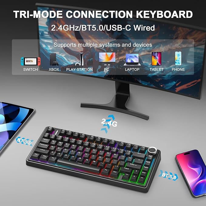 AULA F75 - 75% Wireless Mechanical Keyboard,Hot Swappable Custom Gaming Keyboard with Knob,BT5.0/2.4GHz/USB-C,RGB Backlit,Pre-lubed Switches,Double Shot PBT Keycaps,Creamy Mechanical Gaming Keyboards