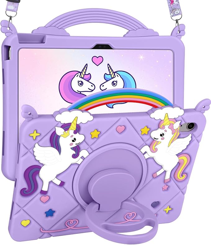 Uppuppy for iPad A16 Case - for iPad 10th Generation Cases Cute Girls Kawaii Cover Girly 3D Cartoon Teen with Rotating Stand & Strap Soft Silicone Tablet Cover for Apple A16 11 Inch/10 gen 10.9 Inch