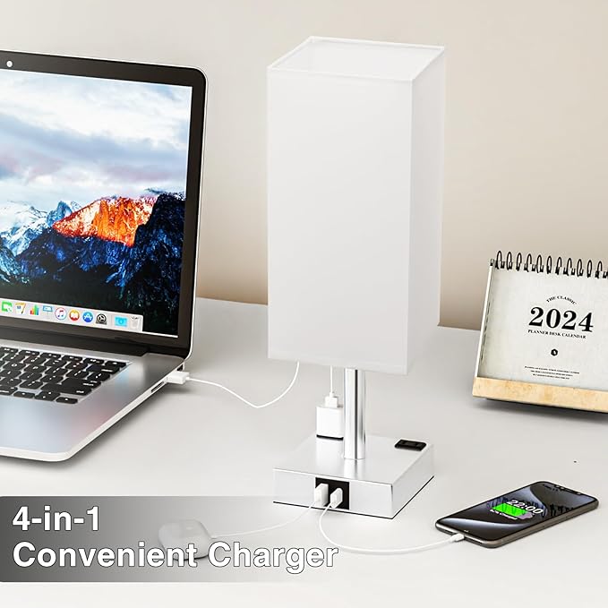 Touch Bedside Table Lamp for Nightstand - 3-Way Dimmable Night Lamp with USB A + Type C Charging Ports and Two AC Outlets, Small Desk Light with E26 LED Bulb for Bedroom Living Room Dorm Office,White