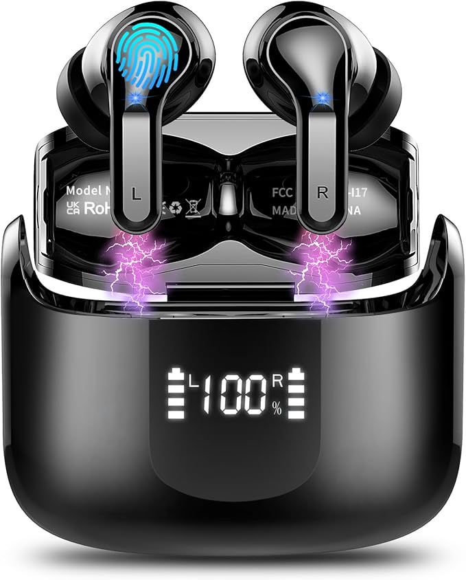Wireless Earbuds, Bluetooth 5.3 Headphones 2025 NEW Ear Buds 40H Bass Stereo in-Ear Earphones ENC Noise Cancelling Earbuds with 4 HD Mic, USB-C LED Display IP7 Waterproof Sport Headset for Android iOS