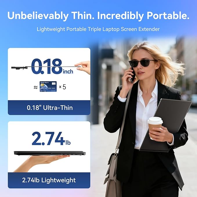 Laptop Screen Extender 15.3" Triple - One Cable Connection Portable Monitor Ultra-Light & Ultra-Slim 2.74lbs 1200P FHD IPS Extra Screen for 13"-17.3" Laptops Compatible with Wins/Mac/Android/Chrome