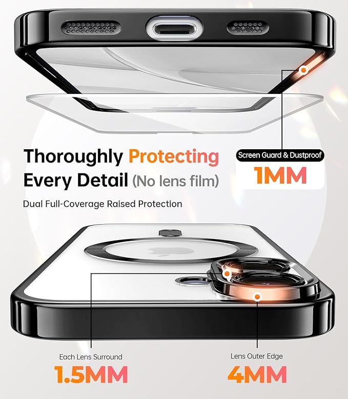 Meifigno Case Designed for iPhone 16 6.1 inch, [Compatible with MagSafe] [2X Screen Protectors] [Glitter Card & Wrist Strap] Surround Lens Protection Designed for iPhone 16 Case Girls, Black Titanium