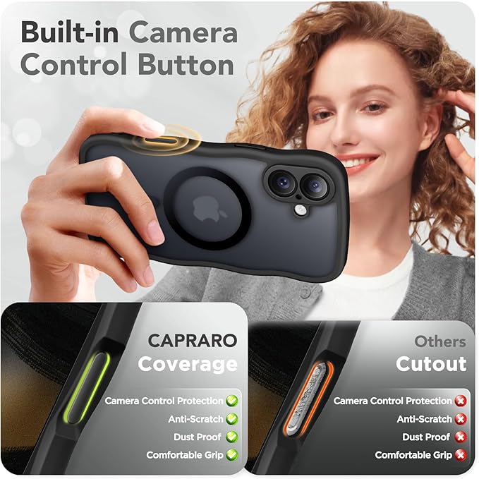 CAPRARO for iPhone 16 Plus Case for Women Girls, Upgraded [Full Camera Protection] [Compatible with MagSafe] Cute Wave Translucent Matte Phone Case for iPhone 16 Plus, Black