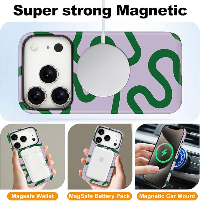Magnetic for iPhone 17 Pro Case Cute Curved Stripes Phone Case, Shockproof Slim TPU and Hard PC Protective Phone Cover Compatible with MagSafe Designed for Women Girls,Green