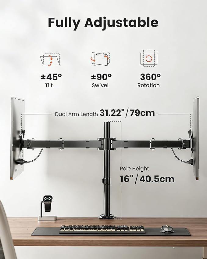 ErGear Dual Monitor Stand, Heavy Duty Adjustable Monitor Desk Mount for 2 Screens up to 32 Inches, Fully Adjustable Height, Tilt, Swivel, Rotate, Supports 17.6 lbs per Monitor Arm, Easy Installation