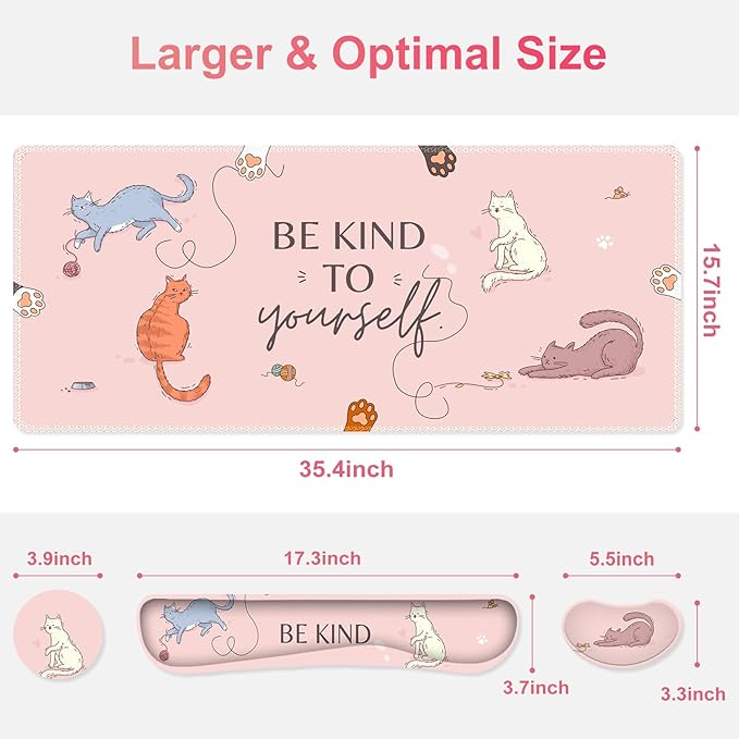 Large Gaming Mouse Pad Set, Pink Cats Ergonomics Keyboard Desk Mat with Memory Foam Wrist Rest, Extended Game Mousepad, Non-Slip Desk Pad Matt Easy Typing Pain Relief I Be Kind to Yourself