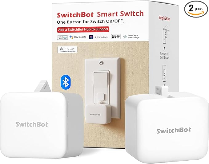 Switchbot Smart Switch Button Pusher (Bluetooth) – Fingerbot for Rocker Switch/One-Way Buttons, App Timer Control, No Wiring, Optional Hub Required for Voice/Remote, White, 2 Packs