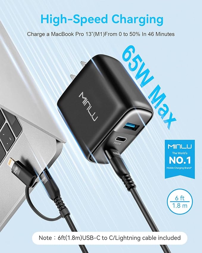 65W USB C Charger Block, MINLU GaN 3-Port Compact Fast PPS Wall Charger with 100W 2 in 1 USB-C to C/L Cable,Fast Charging for MacBook Pro/Air,iPad,iPhone 17 16 15 Series,Galaxy S25 UItra PS - 2Pack