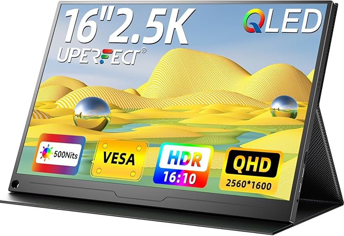 UPERFECT 2.5K QLED Portable Monitor, 16" 2560x1600 QHD Portable Gaming Monitor 120% sRGB HDR Laptop Monitor w/VESA & Smart Case Matte Eye Care External Second Screen for PC Laptop Phone Game Console