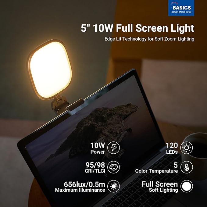 NEEWER Basics 5" 10W Monitor Light for Video Conference, Bi Color Edge Lit USB LED Panel Ring Light with Stand, CRI95 Lamp Lighting for Laptop Computer Webcam Zoom Call Desk Streaming Recording, NL10