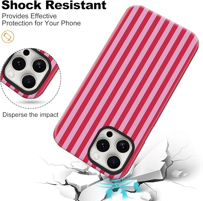 Magnetic for iPhone 15 Plus Case Cute Stripes Phone Case, Shockproof Slim TPU and Hard PC Protective Phone Cover Compatible with MagSafe Designed for Women Girls, Red and Pink