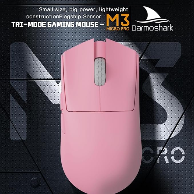 Darmoshark M3microPRO Mini Wireless Gaming Mouse,Tri-Mode 2.4G/USB-C/Bluetooth Mouse Up to 30000DPI,PAW3950 Optical Sensor Lightweight 43g,5 programmable Button,Computer Mouse for PC,Mac(Pink)